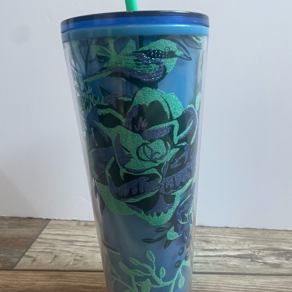 Starbucks 24oz Tumbler Blue Floral & Bird Design with Green Straw – 2023